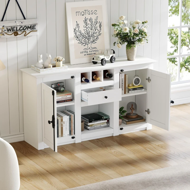 Credenza moderna con 2 ante, cassetto, ripiano a vista e 3 portabottiglie, 130x35x70 cm, Bianco
