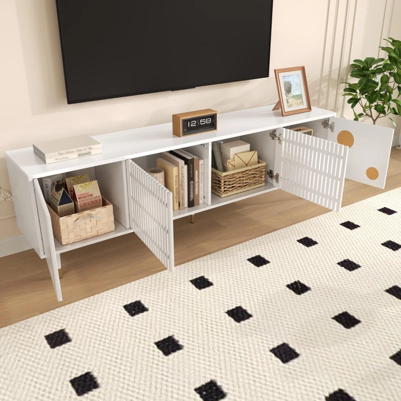 Mobile TV a griglia con dettagli dorati e 4 porte, 170x36x54 cm, Bianco