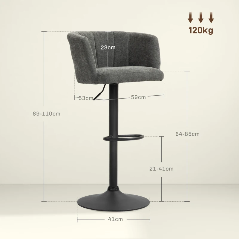 HOMCOM Barhocker 2er-Set, Schalenrücken, höhenverstellbar, Fußstütze, für Küche oder Esszimmer, Metallbasis, Dunkelgrau
