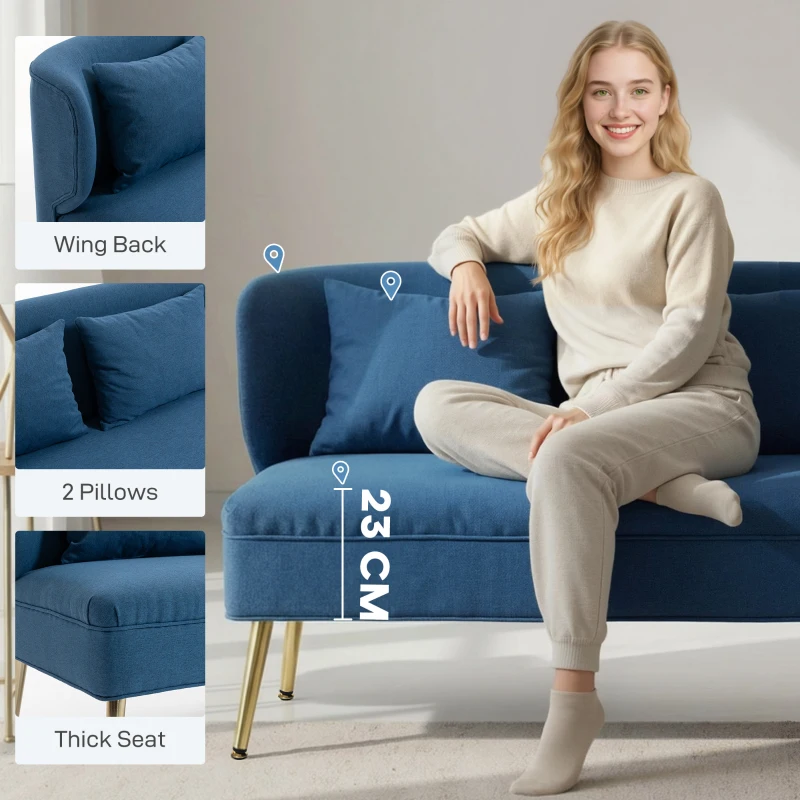 HOMCOM 2 Seater Sofa, Linen-look Fabric Small Sofa with Wing Back, Thick Seat, Metal Legs, Dark Blue