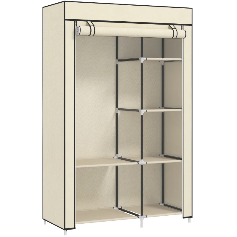 HOMCOM Armoire penderie en tissu meuble de rangement tringle à vêtements et étagères ouvertes 103x43x162,5cm crème