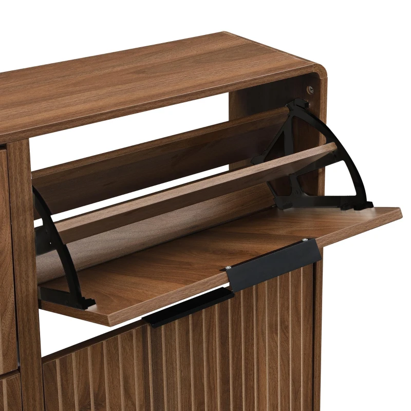 Moderner Schuhschrank, vierflügeligen Klapptüren, doppelstöckigem Stauraum für 18–24 Paar Schuhe, 105 x 24 x 90 cm, Naturfarbe