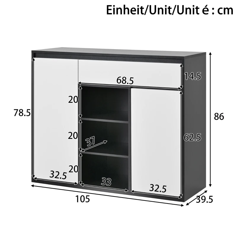Scarpiera moderna con 2 ante e 1 cassetto, con illuminazione LED e ripiano per scarpe regolabile, 105x39,5x86 cm, Bianco e Nero