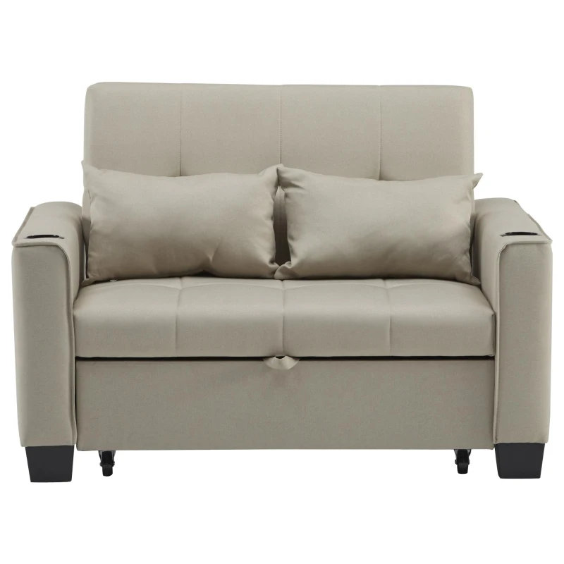 3-In-1 Convertible Pull-Out Sleeper with 3-Position Adjustable Backrest, 2 Seater Sofa Bed for Compact Room, 140L x 96W x 97H cm, Beige