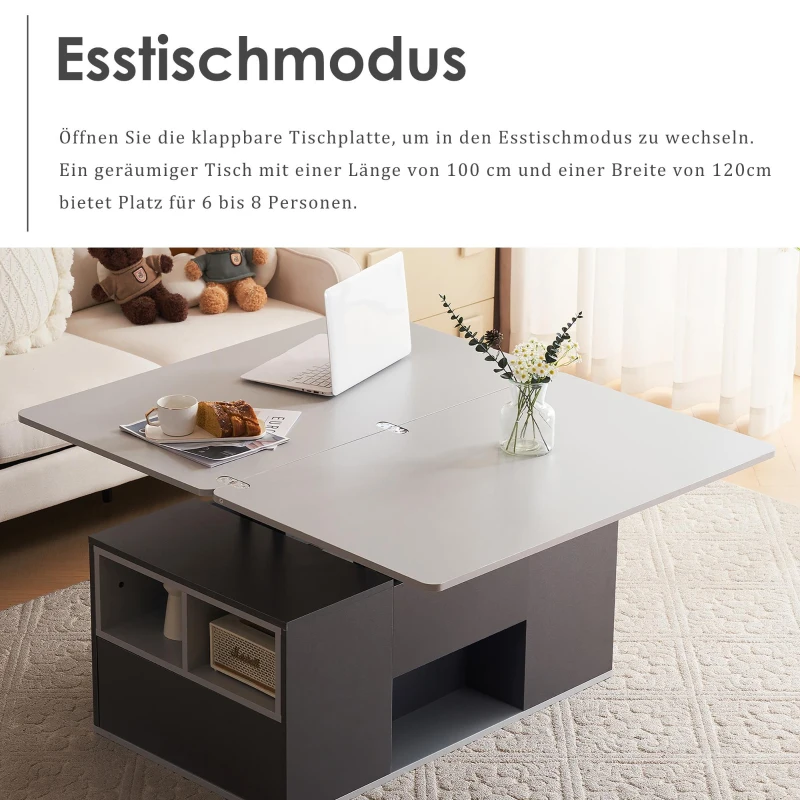 Lift-Top Coffee Table with 2 Push-to-Open Drawers and 3 Open CompartmentsStorage, Desk for Dining/Work/Relax, 100L x 51W x 47H cm, Grey