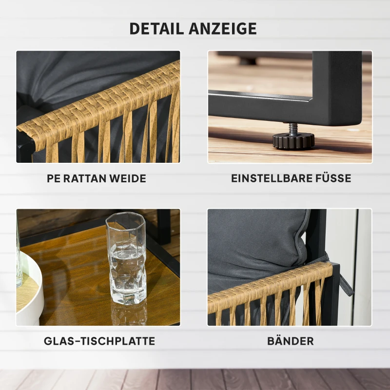 Outsunny Gartenmöbel-Set, 4-teilig, Sofa, 2 Stühle, Tisch mit Glasplatte, Metallgestell, Polyrattan, Anthrazit