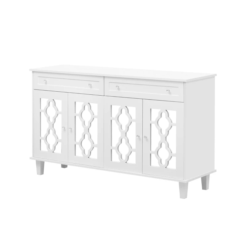 Credenza buffeti con 4 ante a specchio e maniglie in cristallo, 140x40x83 cm, Bianco