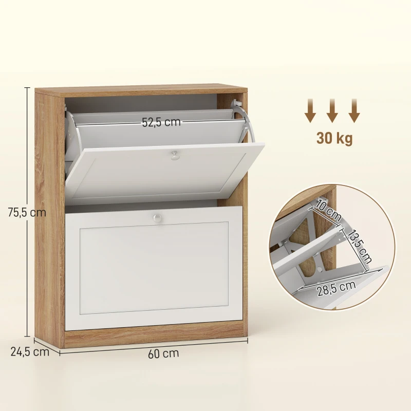 HOMCOM Zapatero Estrecho con 2 Puertas Estantes Ajustables para 12 Pares de Zapatos 60x24,5x75,5 cm Natural y Blanco