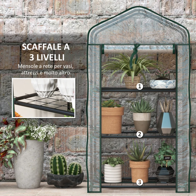 Outsunny Mini Serra da Giardino con Copertura in PE, 3 Ripiani e Porta Avvolgibile, 59x39x127 cm, Trasparente