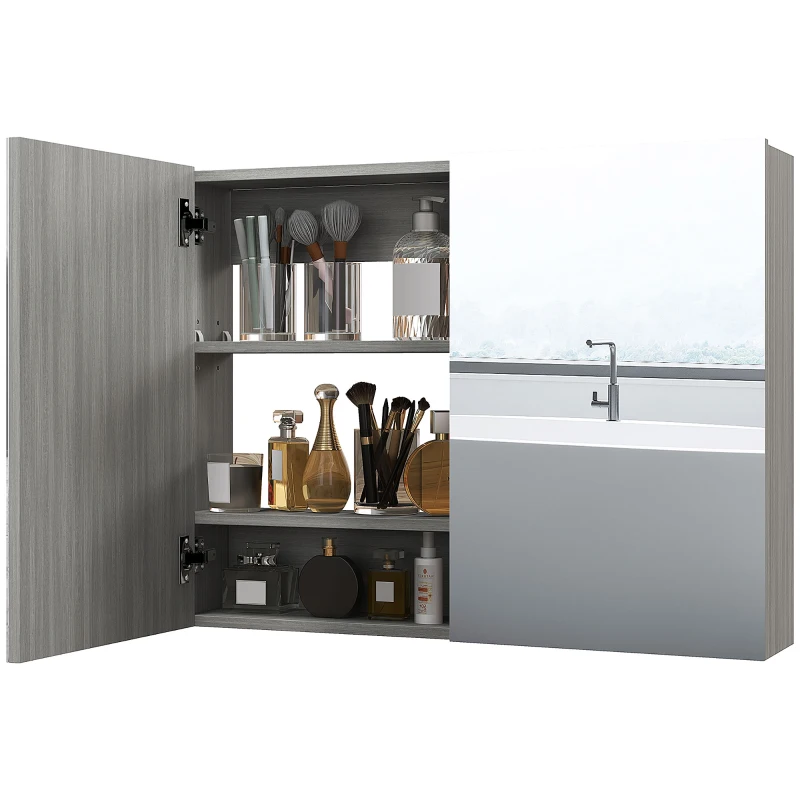 HOMCOM Wandschrank fürs Badezimmer mit Spiegel, Badezimmerschrank, Doppeltüren und verstellbare Regale, 80x15x60cm, grau