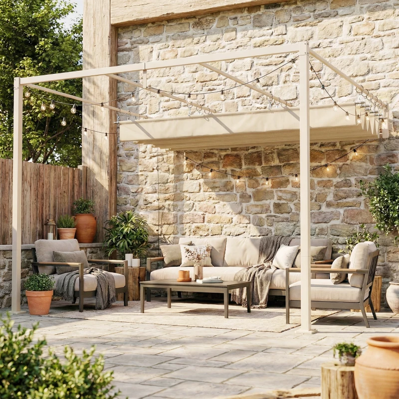 Outsunny Pergola adossée 3x3 m avec toit rétractable coulissant UV30+ et trous de drainage, Beige