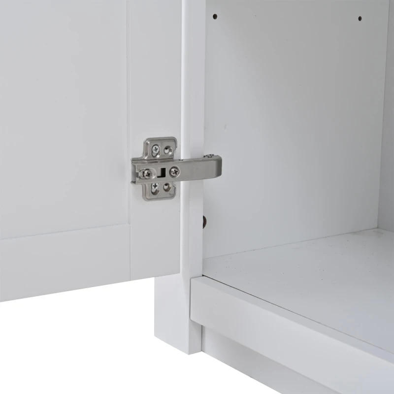 Credenza moderna con 2 ante, cassetto, ripiano a vista e 3 portabottiglie, 130x35x70 cm, Bianco