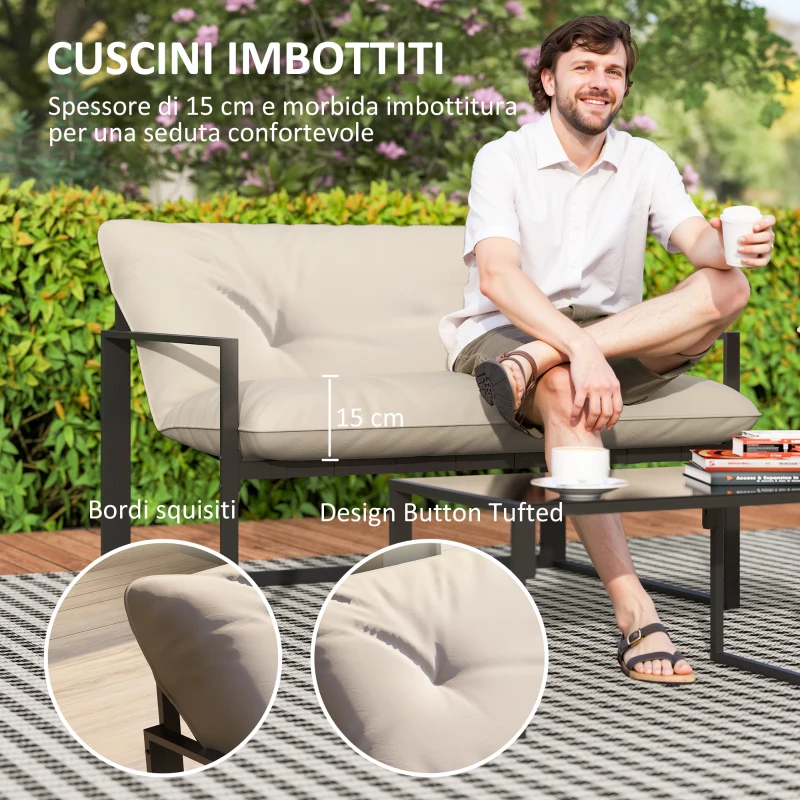 Outsunny Set da Giardino 4 Pezzi con Divanetto, 2 Poltrone e Tavolino, in Acciaio, Poliestere e Cotone PP, Beige e Grigio
