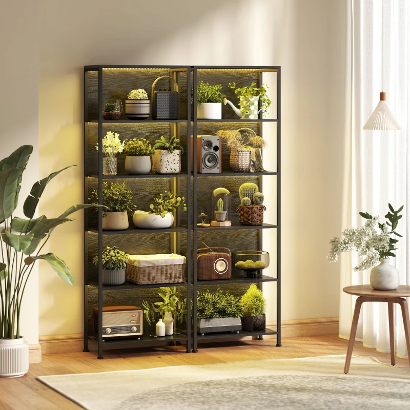 HOMCOM Libreria Scaffale in Stile Industriale a 5 Ripiani con Illuminazione LED, in Metallo e Legno, 60x30x179 cm, Nero