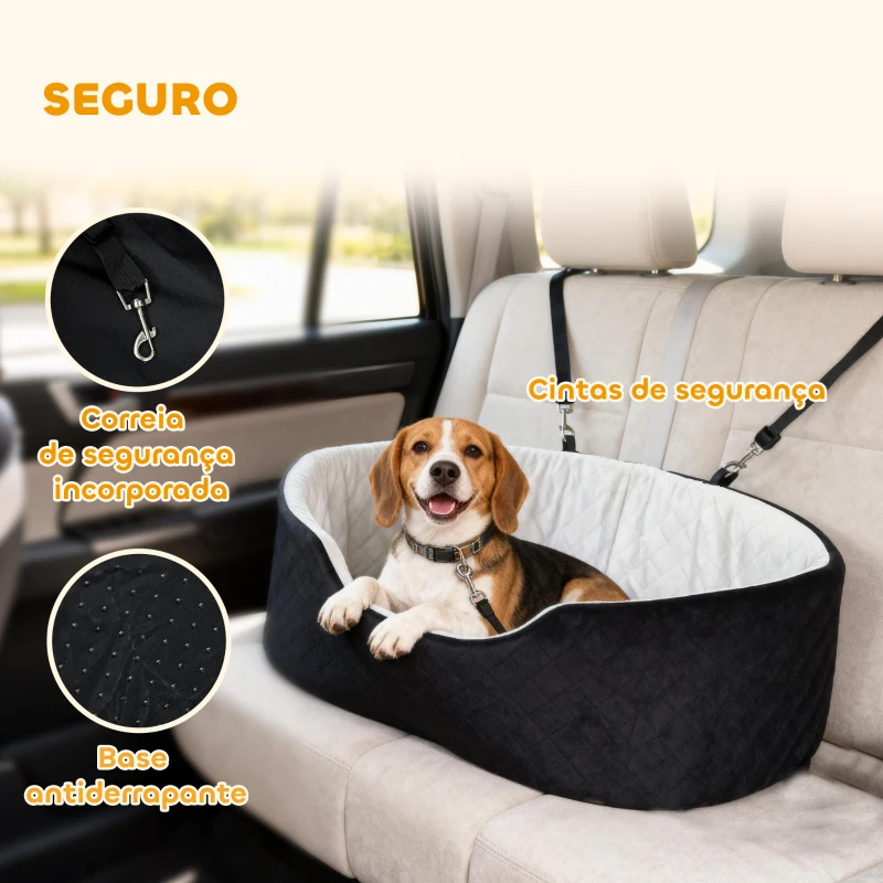 PawHut Assento de Carro para Cães Pequenos e Médios até 15 kg com Capa Removível e Lavável Cinto de Segurança e Base Antiderrapante 77x43x28 cm Preto