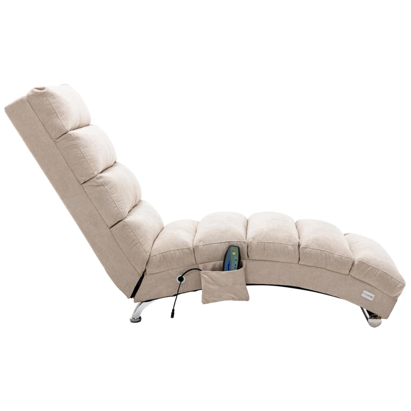 Modern Chaise Longue with Side Storage Pocket and Fixed 140° Backrest, Linen Deck Chair for Living Room, 148L x 55W x 87H cm, Beige