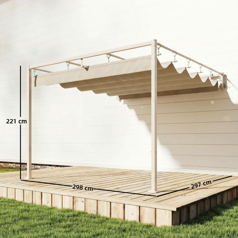 Outsunny Wand-Pergola für Garten 3x3 m mit einziehbarem Dach, UPF30+ Schutz, Abläufe, Gartenpavillon für Außenbereich, Beige