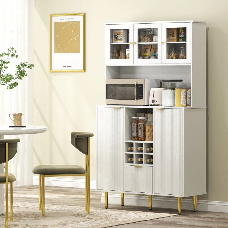 HOMCOM Armário de Cozinha Móvel Auxiliar de Cozinha Armário Alto com 3 Portas de Vidro Suporte para Garrafas 100x40x180 cm Branco