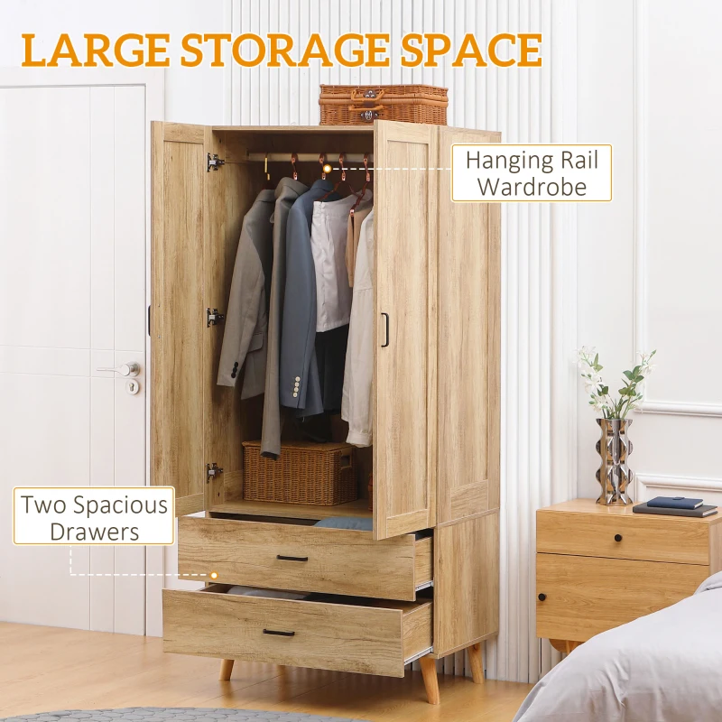 HOMCOM 2 Door Wardrobe, Modern Wardrobe with 2 Drawer and Hanging Rail for Bedroom, Natural