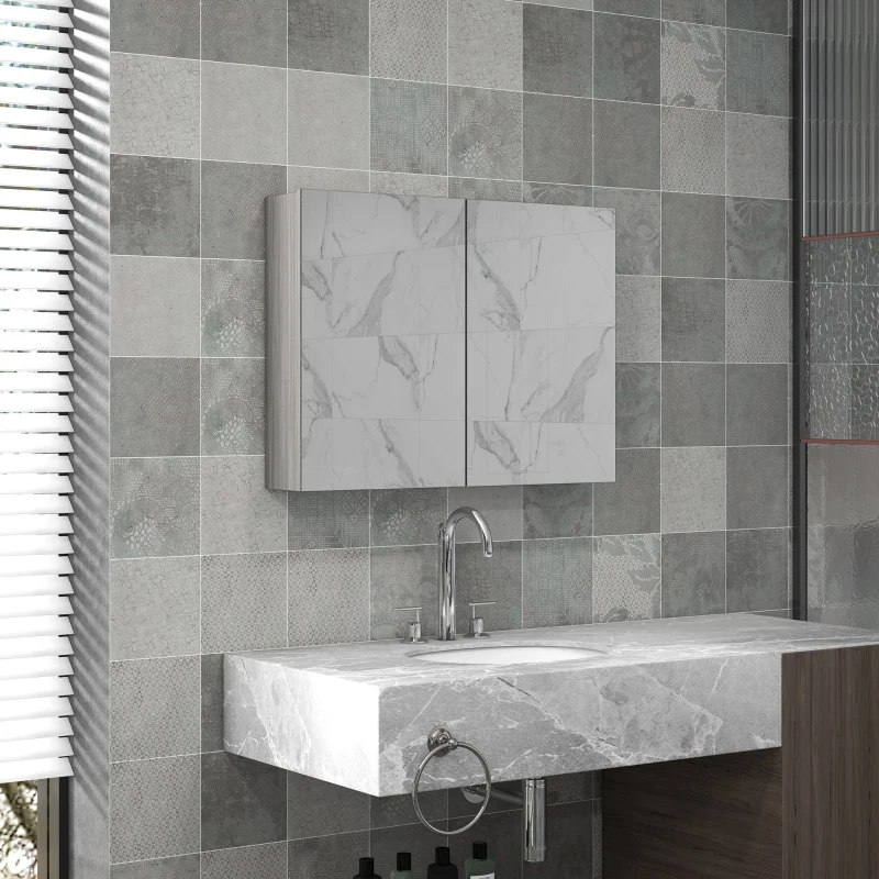 HOMCOM Armadio da parete per bagno con specchio, doppie ante e mensole regolabili, 80x15x60cm, Grigio