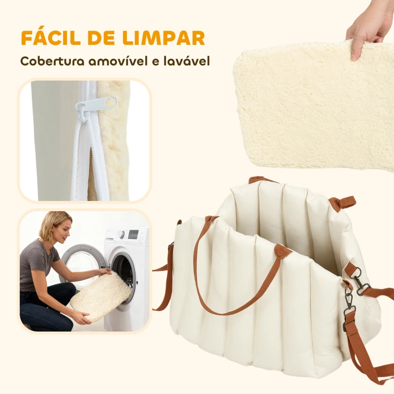 PawHut Assento de Carro para Cães Pequenos de até 5 kg com Cinto de Segurança e Capa Removível e Lavável 50x30x31 cm Creme