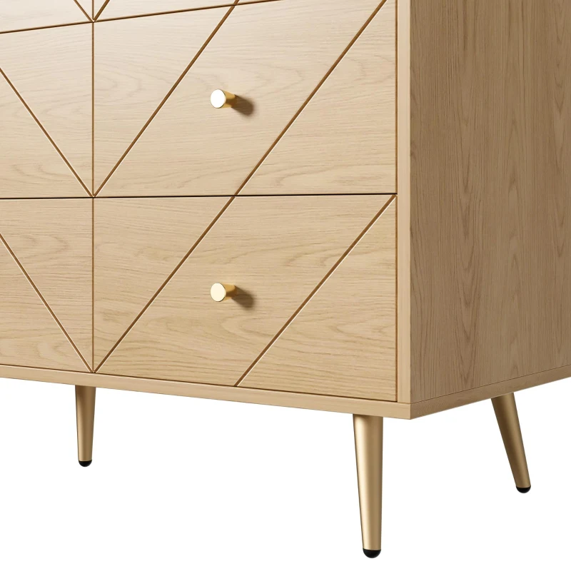 Comodă cu 9 sertare, cu mult spațiu de depozitare, modele geometrice, 120x39x80 cm, Culoare naturală