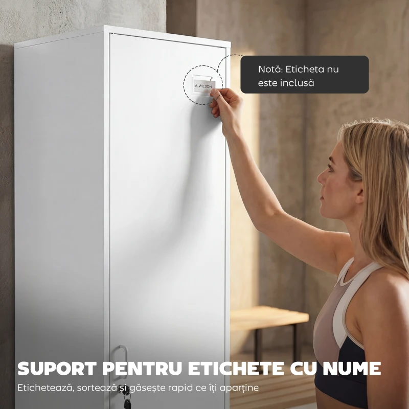 HOMCOM Dulap Metalic Slim cu Ușă Blocabilă și Suport pentru Etichete, Dulap Multi-Funcțional cu Bară pentru Haine, Rafturi, pentru Casă sau Birou, 40x40x179 cm, Alb