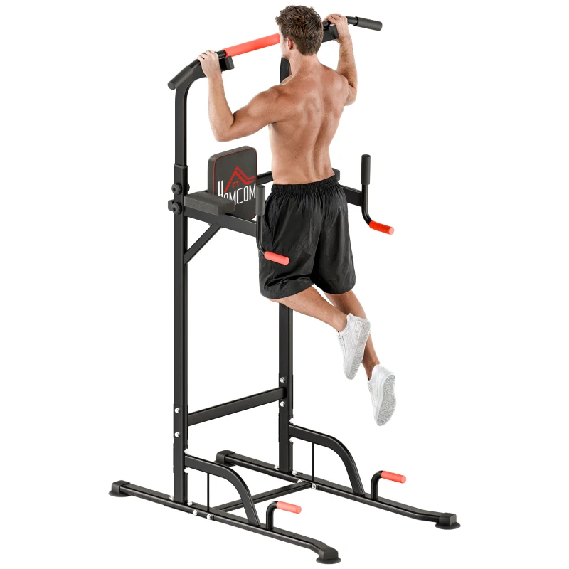 HOMCOM Máquina de Dominadas con Altura Ajustable Carga Máx. 120 kg para Entrenamiento Fitness 123x98x189-239 cm Negro y Rojo