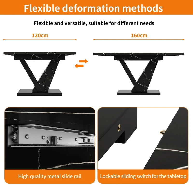 Telescopic Dining Table with Precision Telescopic Runners and Adjustable Feet, Space-Saving Desk for Seats 4-6, 120L x 75W x 75.5H cm, Black