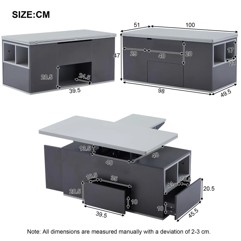 Lift-Top Coffee Table with 2 Push-to-Open Drawers and 3 Open CompartmentsStorage, Desk for Dining/Work/Relax, 100L x 51W x 47H cm, Grey
