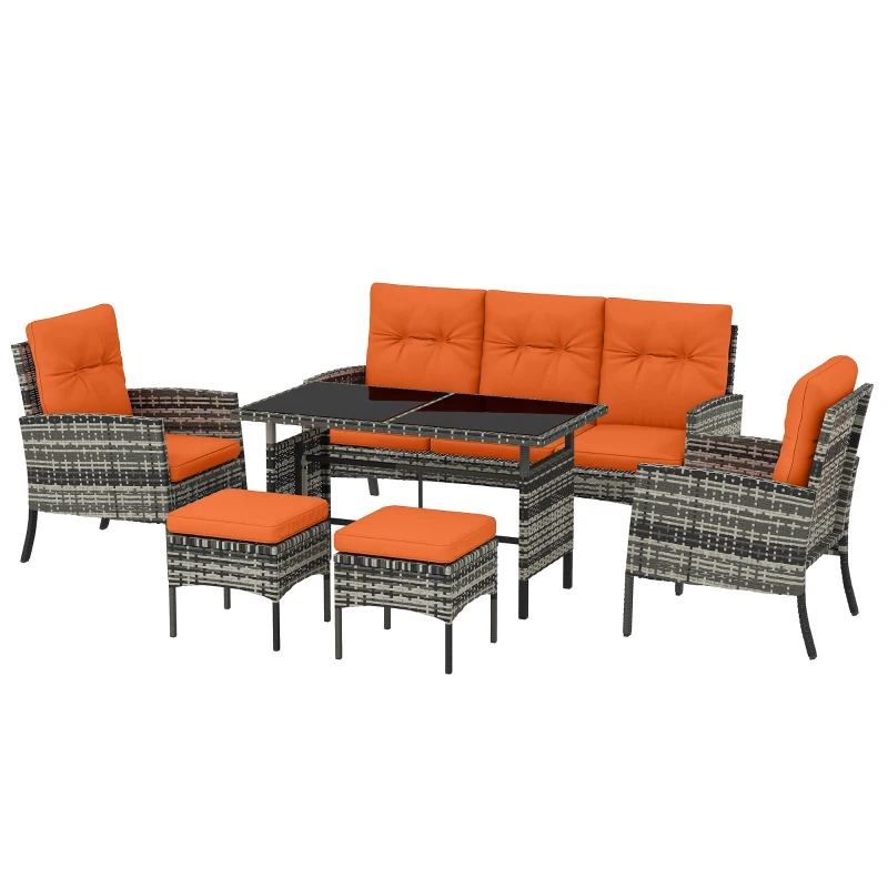Outsunny 6 Pieces Rattan Garden Furniture Set with Dining Table and Cushions, Orange