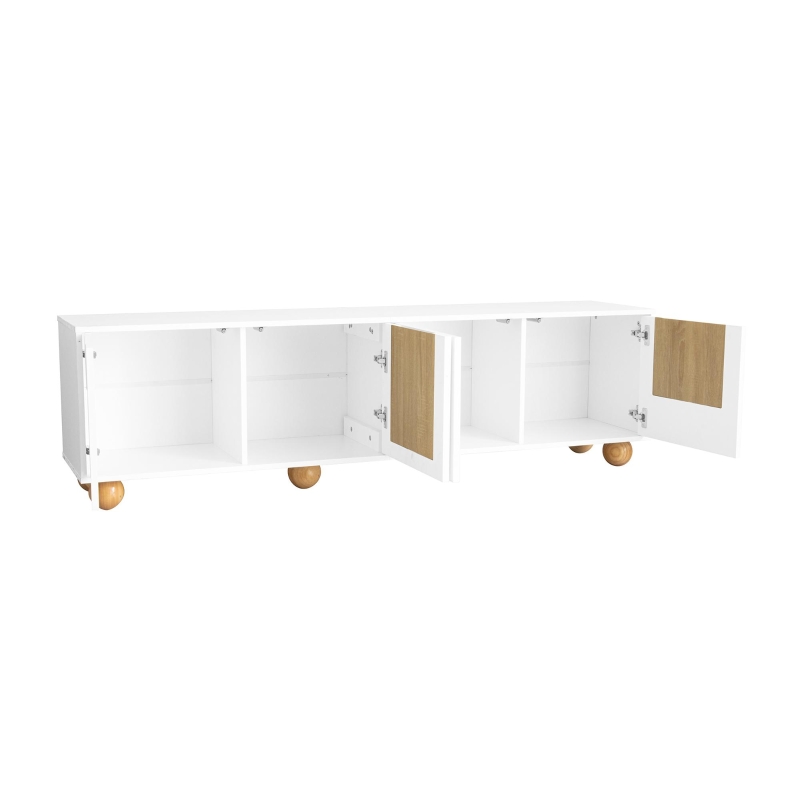 TV-Schrank mit 4 Türen, minimalistisches Design mit Holzmaserung und weißem Finish, 175x38x50 cm, Naturfarbe+Weiß