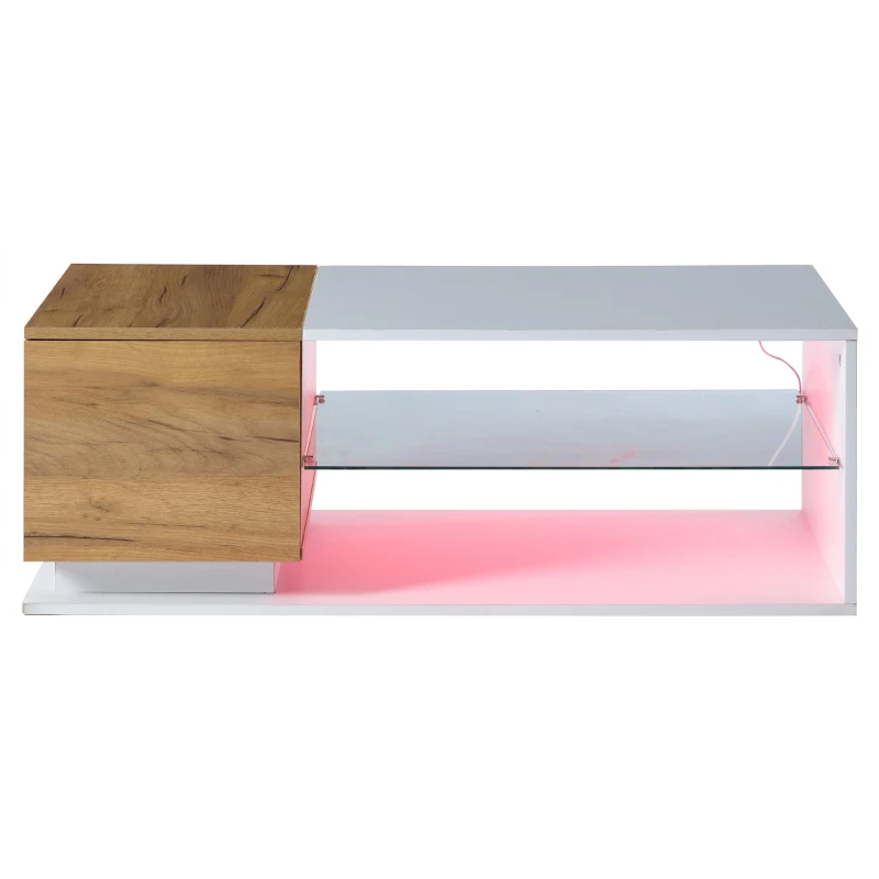 High-Gloss Coffee Table with Open Centre 2-Tier Storage and App-Controlled LED Strip, Desk for Living Room, 105L x 50W x 36H cm, White+Wood