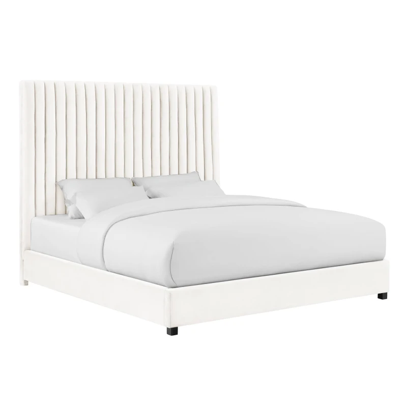 Arabelle Super King Bed with Tall Channel-Tufted Headboard, Kiln-Dried Wood Frame with Sturdy Birch Legs, 218.5L x 194W x 169H cm, White