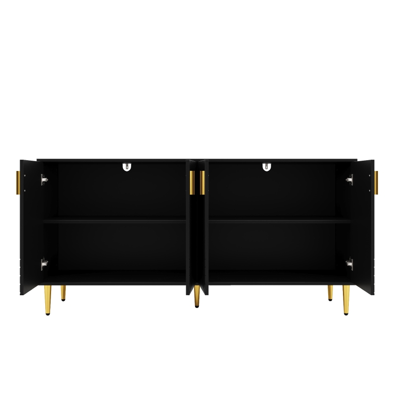 Modern Sideboard with 4 Doors, 2 Drawers and Wave-front Design, MDF Storage Unit with Metallic Handles and Feet, 152L x 40W x 75H cm, Black