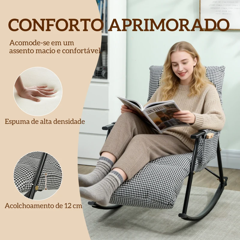 HOMCOM Poltrona Baloiço com Encosto e Apoia-Pés Ajustáveis 105° Estofada em Linho com Bolso Lateral e Estrutura de Metal Preto e Branco