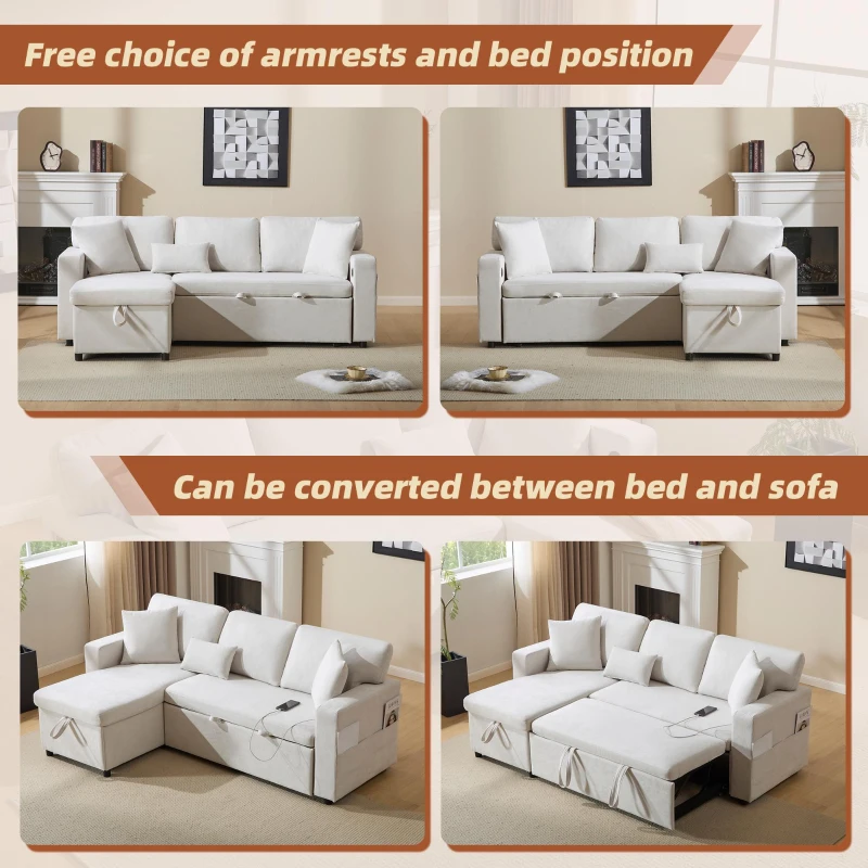 3 Seater Corner Sofa with Integrated Side Shelf and Built-in USB, Modular Sofa with Footstool and 3 Cushions, 214L x 131W x 87H cm, Beige