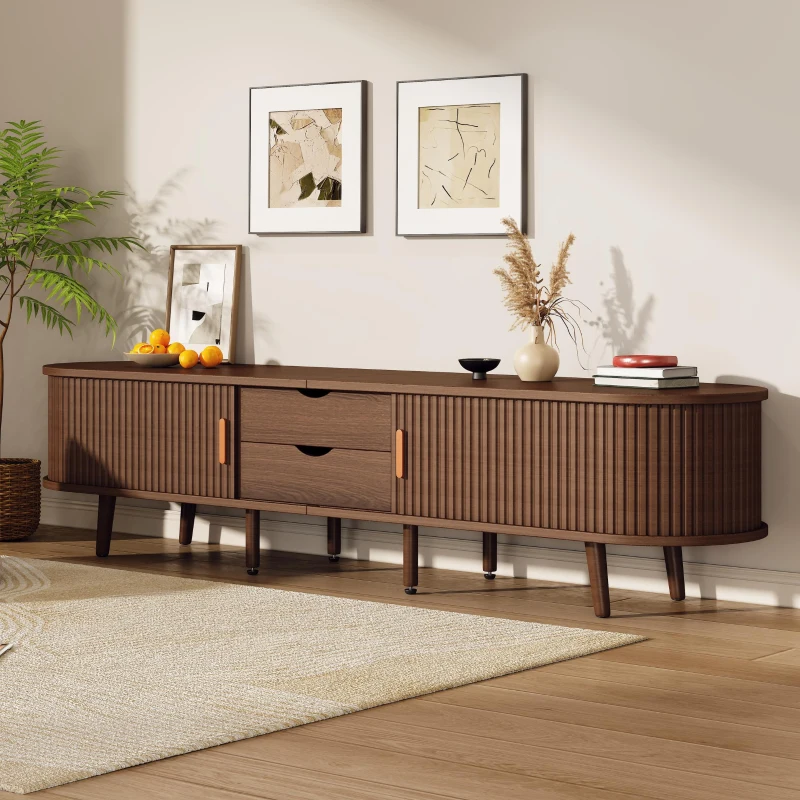 Durable Oval TV Unit with 2 Sliding Doors and 2-Tier Storage Shelves, High‑Legged TV Stand for Living Room, 175L x 40W x 40H cm, Oak