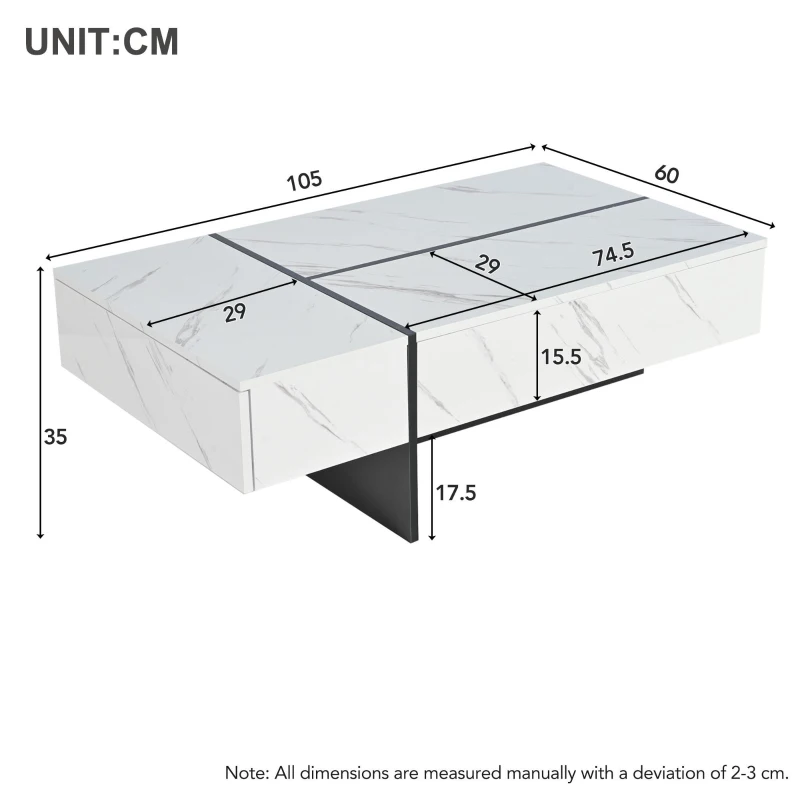 Tavolino da salotto moderno con illuminazione LED e 3 cassetti, 105x60x35 cm, Bianco