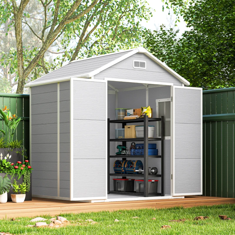 Outsunny 6 x 5ft Garden Shed, Plastic Shed with Floor, Window, Lockable Doors and Vents, Wood Effect Resin Tool Shed for Outdoor Patio, Light Grey