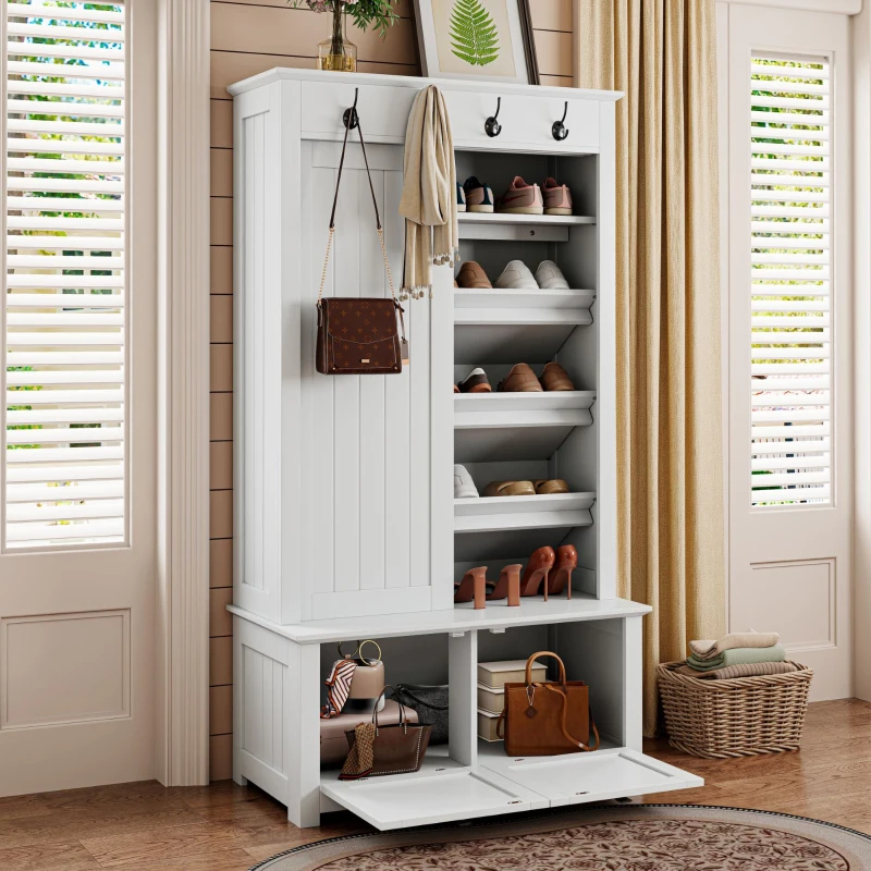 Armadio guardaroba con ante scorrevoli e scarpiera integrata, mobile multiuso con ganci, 100x50x180 cm, Bianco