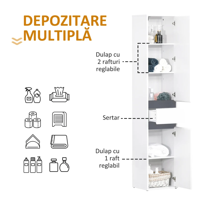 HOMCOM Mobilier baie tip coloană, 2 dulapuri + sertar central, alb, rafturi reglabile 35×31×172 cm(m-5)