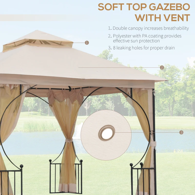 Outsunny 3 x 3(m) Garden Gazebo Patio Party Tent Shelter Outdoor Canopy Double Tier Sun Shade Metal Frame Netting, Beige