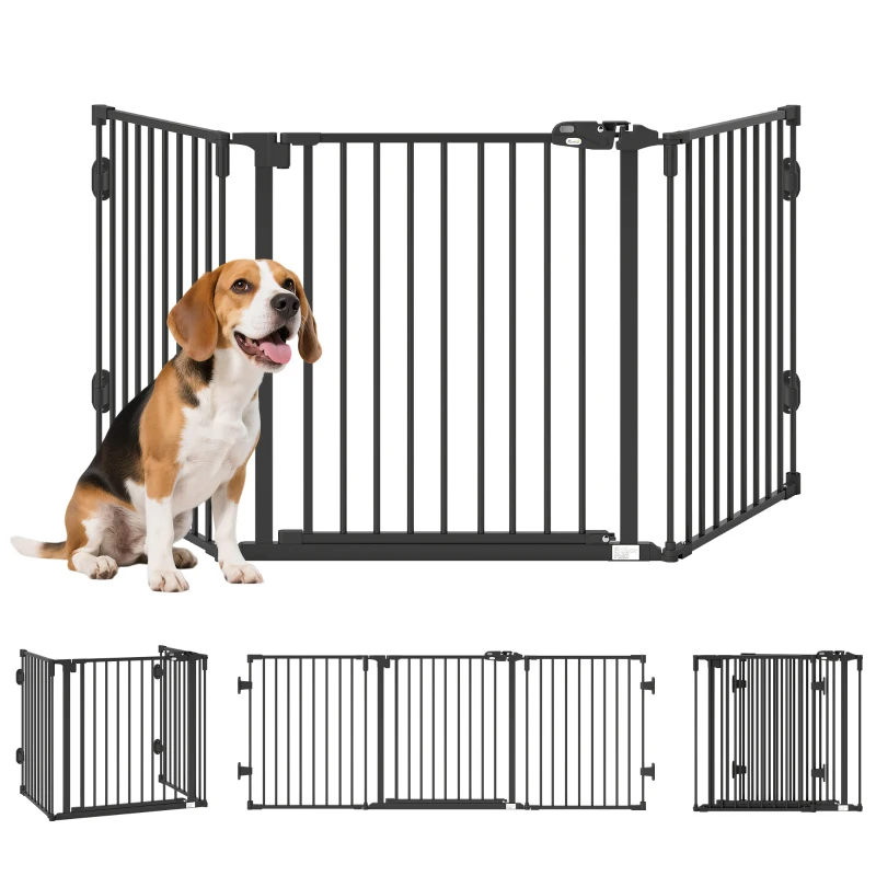 PawHut Absperrgitter Hund Freistehendes Verstellbares Schutzgitter 202,5 x 76 cm Hundegitter Klappbar Türschutzgitter Hundeabsperrgitter für Treppen, Türen, Küche, Flur, 3 Paneelen, Schwarz