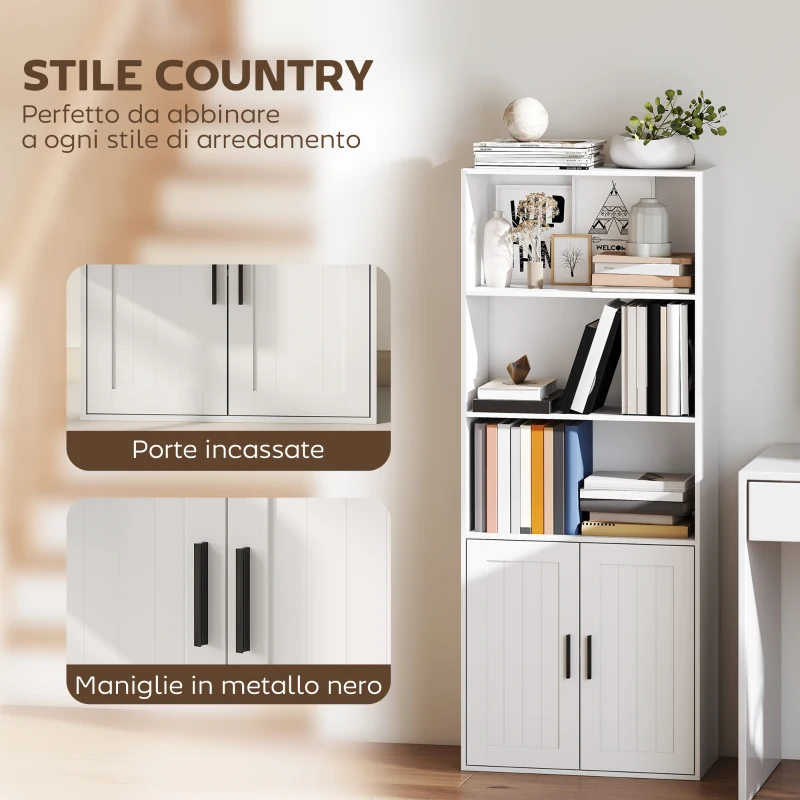 HOMCOM Libreria con Ripiani Aperti e Armadietto 2 Ante con Mensola Interna Regolabile, 60x30x145.5 cm, Bianco