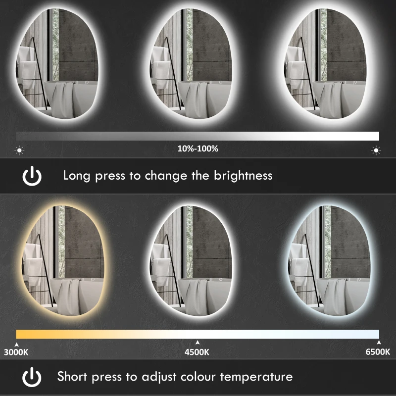 HOMCOM Lustro łazienkowe z oświetleniem LED i regulacją koloru i temperatury, ze szkła hartowanego, 80x5x60 cm, Srebrny