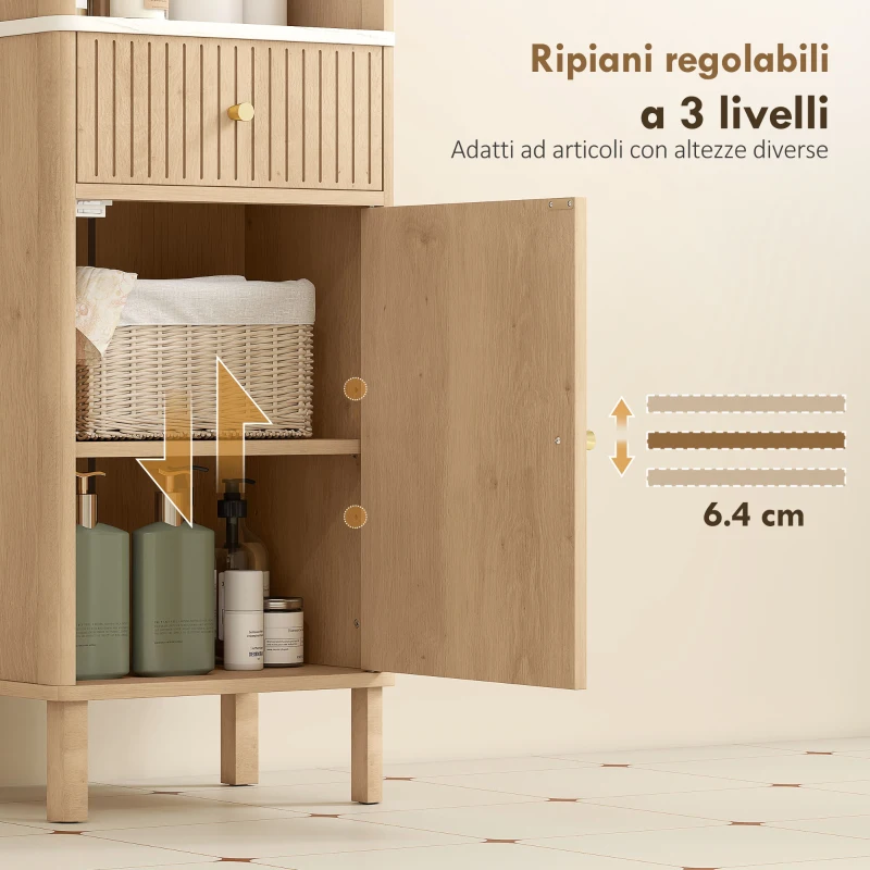 HOMCOM Colonna Bagno con Cassetto, 2 Armadietti e Ripiani Regolabili, Ripiano Effetto Marmo, 41.5x30x168 cm, Rovere