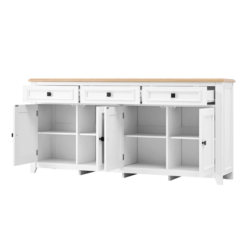 Aparador moderno, amplio espacio de almacenamiento con 3 cajones y 4 puertas, 160x35x76 cm, Blanco