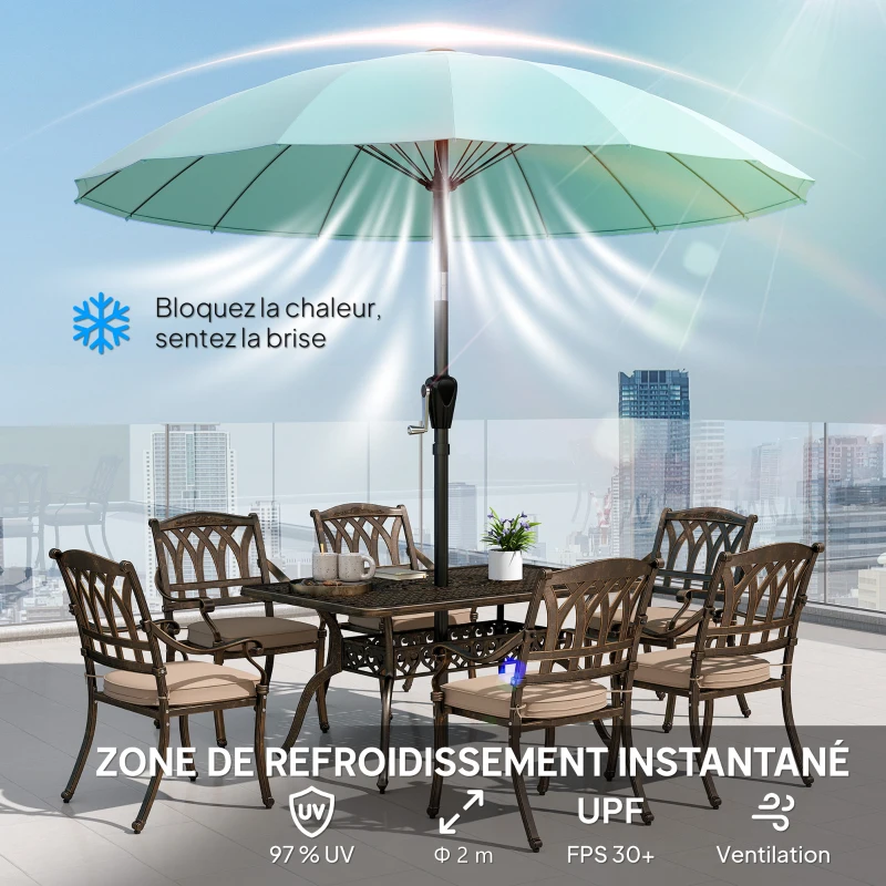Outsunny Parasol de jardin extérieur rond 2 m parasol inclinable avec ouverture fermeture manivelle 16 baleines, turquoise