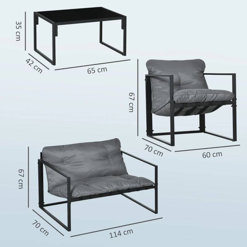 Outsunny Set da Giardino 4 Pezzi con Divanetto, 2 Poltrone e Tavolino, in Acciaio, Poliestere e Cotone PP, Nero e Grigio